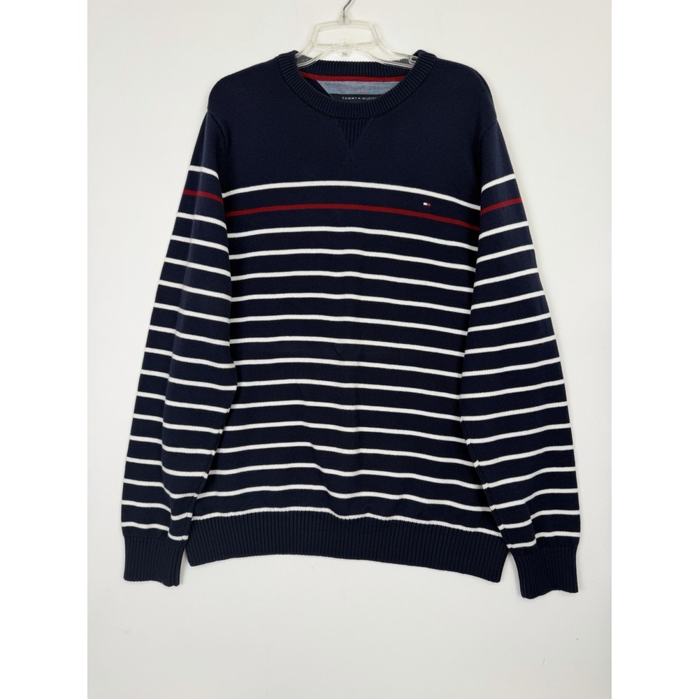 Vintage Tommy Hilfiger Men's Sweater Navy Blue w/‎ White Stripes XXL Long Sleeve